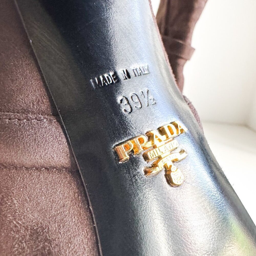 Prada Chocolate Brown Suede Classic Stacked Heel Booties 39.5 - Picture 4 of 11